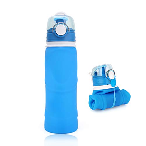 Botella de agua plegable de silicona a prueba de fugas, sin BPA, botella de silicona para deportes, viajes, ciclismo, camping, senderismo, gran capacidad de 750 ml (azul)
