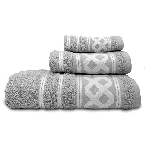 briebe Home Juego de Toallas Baño 100% algodón Rizo 450gr, Set 3 Piezas, Amazonica Basic, 3 Tamaños Ducha Sábana, Manos, Tocador, Cenefa Rombos Bordada, Hecho en Portugal (Gris Claro) briebe Home Juego de Toallas Baño 100% algodón Rizo 450gr, Set 3 Piezas, Amazonica Basic, 3 Tamaños Ducha Sábana, Manos, Tocador, Cenefa Rombos Bordada, Hecho en Portugal (Gris Claro)