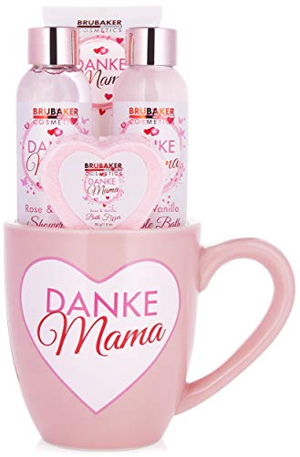 BRUBAKER Cosmetics - Gracias Mamá Set Baño y Ducha del Día de la Madres - Rosa Vainilla - Caja de Regalo en Taza con Decoración de Corazón - 5 Piezas