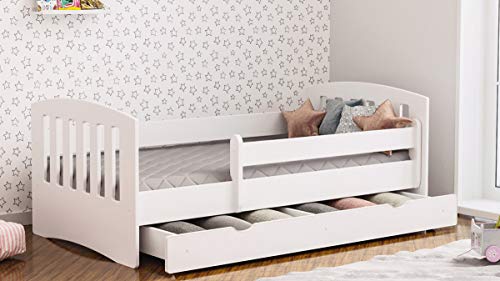 Cama infantil Cama para niños Cama individual para junior con colchón y cajón Clásico | Perfecto para niños y niñas | Pinturas ecológicas utilizadas | Máxima seguridad | Hasta 120 KG (Blanco 180x80)