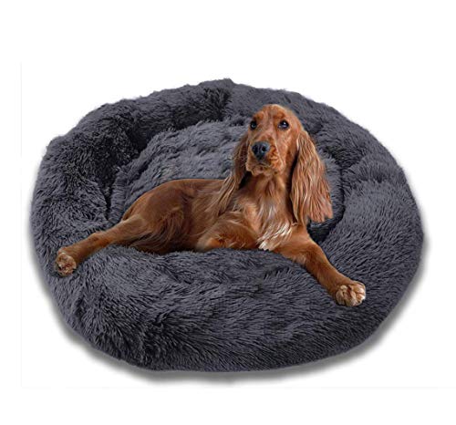 Cama redonda para mascotas, mullida, calmante, de felpa, cueva, perrera, sofá de lujo para gatos y gatos, suave y cómodo, para perros extragrandes, gris oscuro, XXXL: 120 cm