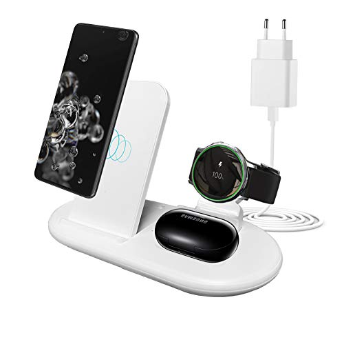 Cargador Inalámbrico, 3 en 1 Soporte de Carga Compatible con iPhone 12 Pro MAX 11 X XR XS 8, Galaxy S20+/S10 S9, Galaxy Buds+ Buds Live, Galaxy Watch 39,5 mm/40 mm/42 mm/Active1/Active2 (White)