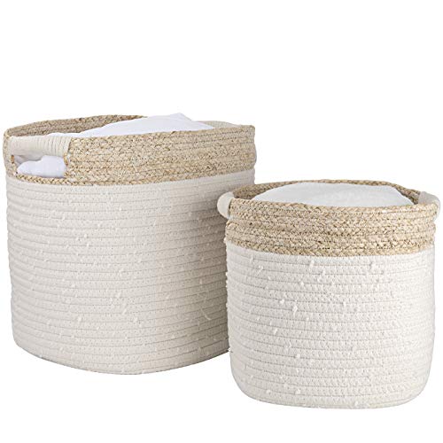 Cesta ropa sucia de algodón, cesta almacenaje de cuerda de algodón con piel de maíz, cesta ropa sucia bebe, Regalo de decoración para el hogar, 36 x 29.5 x 29.5 cm, Blanco, estampado beige, Set 2