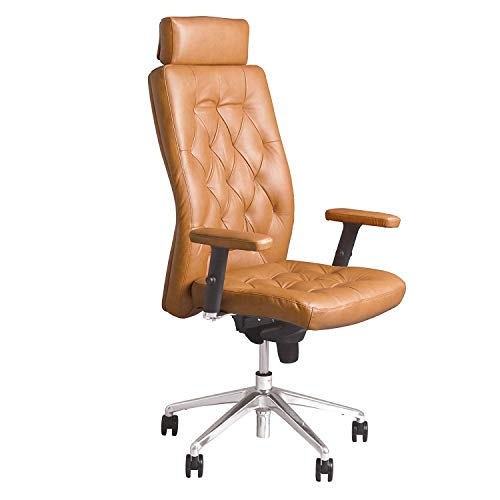 Chester- Sillón de dirección profesional, ergonómico, síncrono, multiposición, reposacabezas fijo, reposabrazos regulables en altura, color marrón claro y piel