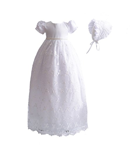 Cinda Vestido de Bautizo Largo de Encaje de bebé con bonete Blanco 0-3 Meses