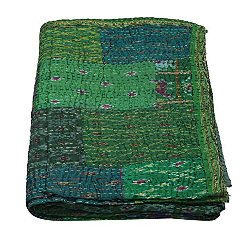 Colcha de seda verde con diseño de patchwork, de estilo bohemio, kantha, reversible, para cama individual o individual