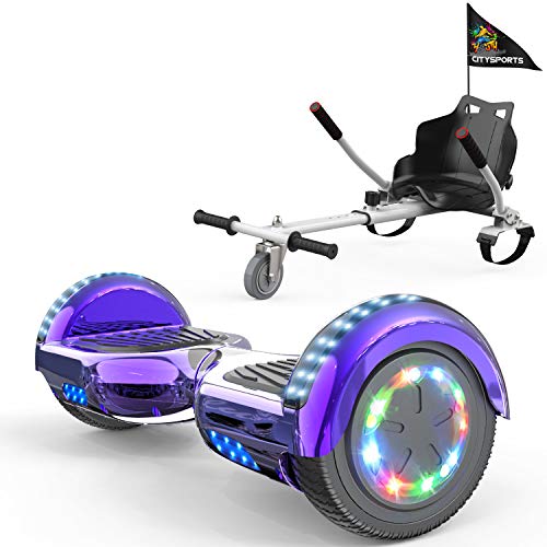 COLORWAY Hoverboard Hover Scooter Board 6,5" con Asiento Kart con Ruedas de Flash LED, Patinete Eléctrico Altavoz Bluetooth y LED, Autoequilibrio de Scooter Eléctrico (Violeta-Blanco)