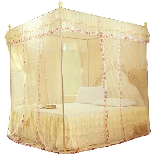 Cortina de cama de lujo con 3 aberturas laterales, mosquitera para camas de tamaño king, sistema de instalación rápida y fácil (120 x 200 x 200 x 200 cm), color amarillo