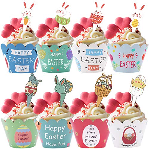 Cupcake Topper Set- 96 Unids Decoración de pastel de Pascua, Adecuado Para Decorar Todo Tipo Postres, de Pascua Cupcake Wrapper el Tema del Conejo de Pascua Decoración