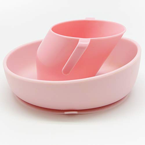 Doidy Set taza y bol – Bol de succión de silicona y vasito de aprendizaje de diseño oblicuo único – Set de regalo para el destete de bebés y niños (Rosa)