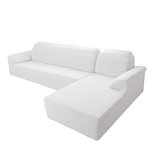 E EBETA Funda Elástica para Sofá Chaise Longue, Funda Cubre Sofá Chaise Longue Jacquard Funda de sofá para Juego de 2 en Forma de L + sofá de Esquina de 2 plazas Derecho (Blanco como la Leche)