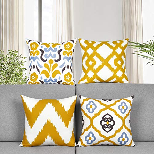 Elloevn Juego de 4 fundas de cojín amarillas de 45 x 45 cm, geométricas, modernas, decorativas, diseño de flores, para el sofá o el dormitorio
