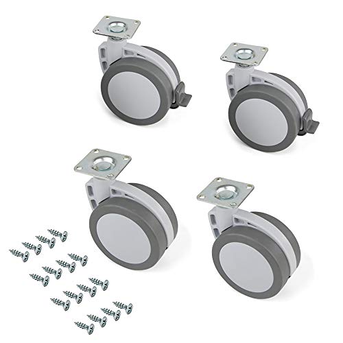 Emuca 2037921, Ruedas pivotantes para mueble - 80mm con placa de montaje y rodamiento de bolas, Gris, Set de 4 Piezas (2 con freno y 2 sin freno)