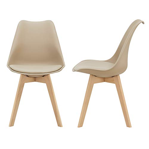 [en.casa] Juego de sillas de Comedor 81 x 49 x 57 cm Silla tapizada en Cuero sintético Patas de Madera de Haya Sillas de Cocina Set de 2 sillas Beige