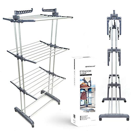 Enowva - Tendedero de ropa, con ruedas, gran capacidad, con 3 niveles, alas plegables, tubos de acero inoxidable, fácil almacenamiento (ver vídeo) Enowva - Tendedero de ropa, con ruedas, gran capacidad, con 3 niveles, alas plegables, tubos de acero inoxidable, fácil almacenamiento (ver vídeo)