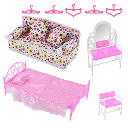 Felenny 8 Piezas de Accesorios de Muebles de Princesa Juego de Tocador + Juego de Sofá + Juego de Cama + Perchas para Dormitorio Muñeca Barbie
