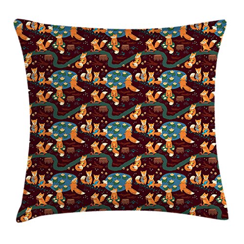 Fox Throw Pillow Cushion Cover, Small Forest Animals Hunting Meditating and Eating in The Jungle with Ponds Tree Trunks, Decorative Square Accent Pillow Case, Multicolor 20x20 Inches
