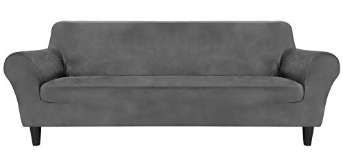 Funda para sofá de 3 plazas, color gris claro, extensible y resistente al desgaste, de poliéster, antideslizante, con cintas, para sofá de 190 ~ 230 cm de largo