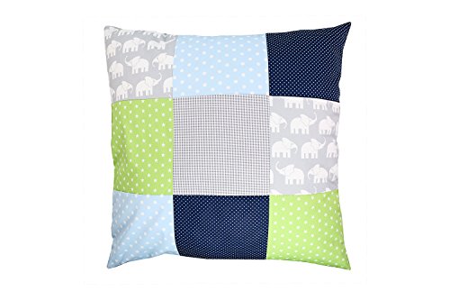 Funda patchwork para cojín de ULLENBOOM ® con elefantes azul verde (funda para cojín de 60 x 60 cm; 100% algodón; ideal como cojín decorativo o de adorno para la habitación de los niños)