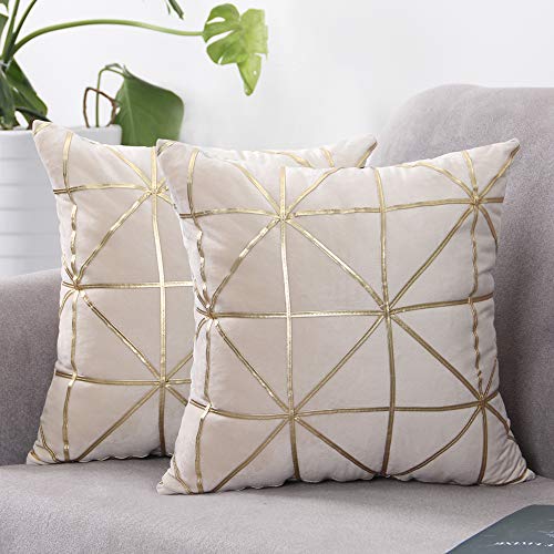 Fundas de Cojines 43x43 Modernas Geometricos Funda Cojin Terciopelo Beige Suave Funda de Almohada Cuadrada Decorativa 2pcs Cushion Cover para Sala de Estar Dormitorio Sofá Cama Silla Coche