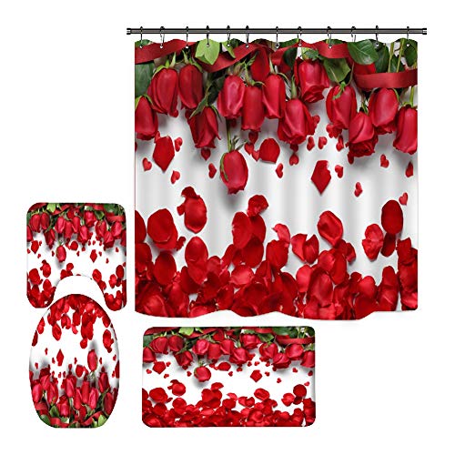Hankyky Valentines Cortina de ducha romántica rosa roja flores Sweet Heart Love Set de cortinas de ducha con alfombra antideslizante tapa de inodoro y 12 ganchos