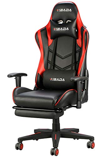 Hbada Silla de Juego Silla de Escritorio Silla de Oficina Silla ejecutiva Silla giratoria ergonómica Silla para computadora Cuero sintético con reposapiés con reposacabezas(Rojo-1)