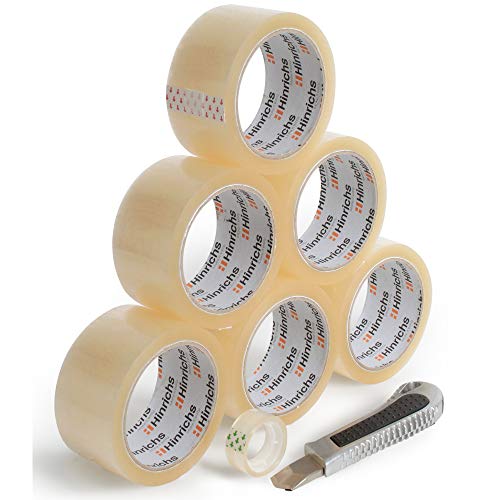 Hinrichs 6 Rollos de Cintas Adhesivas de Embalar transparente de Hinrichs, cinta adhesiva para paquetes transparente - 66 m x 50 mm - Gratis 1 x 10 m x 15 mm y cúter