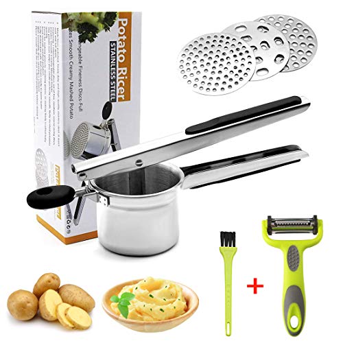 HOTLIKE Machacador de Patatas, 6 PCS Trituradora de Patata de Acero Inoxidable Set, Multifuncional Profesional Prensa Patatas con 3 Discos, Cepillo, Pelador, Potato Ricer para Vegetales, Frutas