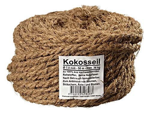 Humusziegel - Cuerda de Coco 7 mm - Cuerda Marrón de Fibra de Coco Natural Sin Teñir - para Poste Rascador Gatos, Amarre de Arbol, Manualidades, Artesanía, Decoración, Jardín - Longitud 50 m