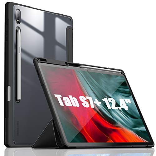 INFILAND Funda para Samsung Galaxy Tab S7 Plus 12.4 2020 con S Pen Holder, Delgada Translúcido Back TPU Case para Samsung Galaxy Tab S7 Plus 12.4 (T970/T975/T976) 2020,Negro