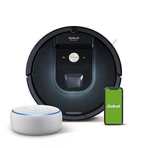 iRobot Roomba 981 - Robot Aspirador, WiFi, Aspiración de Alta Potencia, Dirt Detect, Recarga y Sigue la Limpieza + Echo Dot (3.ª generación) - Altavoz Inteligente con Alexa, Tela de Color Gris Claro