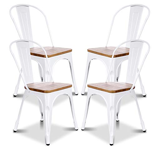 Juego de 4 sillas de Comedor de Metal, con Respaldo y Asiento de Madera, Silla de Cocina apilable Vintage Industrial de Metal con Respaldo Alto para, Restaurante de Boda, café y Patio (Blanco) Juego de 4 sillas de Comedor de Metal, con Respaldo y Asiento de Madera, Silla de Cocina apilable Vintage Industrial de Metal con Respaldo Alto para, Restaurante de Boda, café y Patio (Blanco)