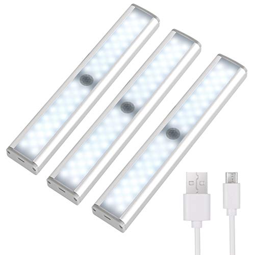 Justech 3PCs LED Luces de Armario Recargable USB con Sensor de Movimiento 46 LED Luces Nocturnas Inalámbricas con 5 Tiras Adhesivas para Armario Gabinete Habitación Escaleras - Blanco Frío