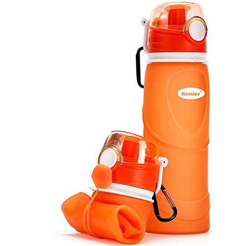 Kemier Botellas de Agua de Silicona Plegables–750ML,Calidad Médica Libre de BPA,Aprobado por FDA.Enrollarse,Botellas de Agua Plegables a Prueba de Fugas para el Aire Libre y Deportes(Naranja)