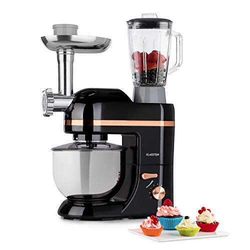 Klarstein Lucia Elegance - Robot de cocina multifunción, Potencia 1300 W, Recipiente de acero inoxidable con 5 L de capacidad, 6 niveles, 3 accesorios de mezcla, Protector contra salpicaduras, Negro