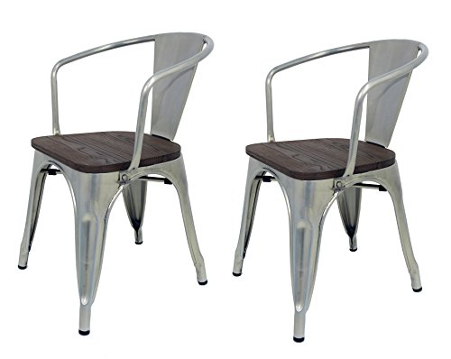 La Silla Española - Pack 2 Sillas estilo Tolix con respaldo, reposabrazos y asiento acabado en madera. Color Industrial. Medidas 73x53,5x52