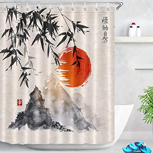LB Cortina de Ducha de Tinta Japonesa con Ganchos, Cortinas de baño de árboles de bambú Sol montañas Sistema de decoración Resistente al Agua y Moldeado de poliéster de 180x200 cm LB Cortina de Ducha de Tinta Japonesa con Ganchos, Cortinas de baño de árboles de bambú Sol montañas Sistema de decoración Resistente al Agua y Moldeado de poliéster de 180x200 cm