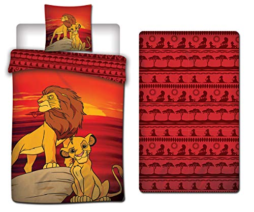LesAccessoires Disney Lion King - Juego de cama (funda nórdica de 140 x 200 cm + funda de almohada + sábana bajera de 90 x 190 cm), diseño del Rey León