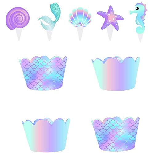 LIMEOW Mermaid Theme Party Decoration Sirena Cupcake Toppers Adornos de Cupcake de Sirena Mermaid Cake Topper Cupcake Topper Set 50 Unidades para Fiesta Decoraciones del Partido Sirena o Baby Shower