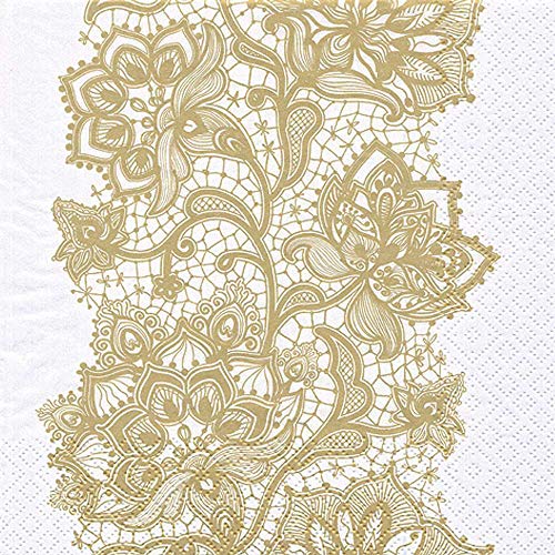 Linoows - 20 servilletas, borde con punta de ganchillo dorada antigua, punta floral 33 x 33 cm