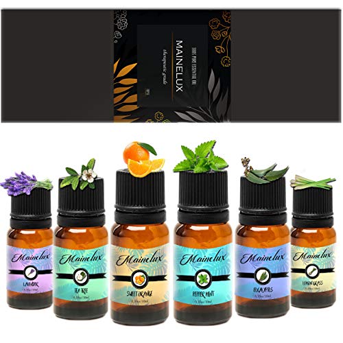 Mainelux Aceites Esenciales para Humidificador, 100% Natural Puro Aromaterapia Top 6 Set de Regalo de Aceites Aromáticos 6 x 10 ml (Lavanda Hierba de Limón Menta Eucalipto Árbol de té y Naranja dulce)