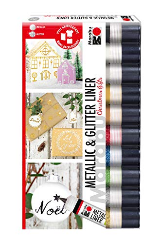 Marabu Metallic & Glitter Liner Set Christmas Gifts, 10 x 25 ml, universal a base de agua, con efecto metálico y purpurina, líneas y adornos, multicolor