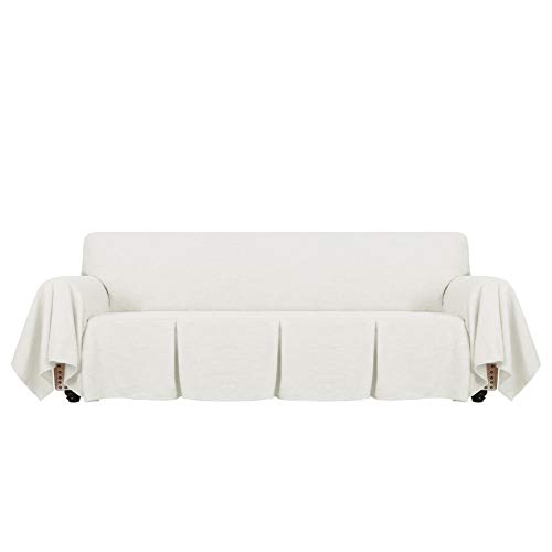 MAXIJIN Linen-Like - Funda de sofá extra grande para sofá de 3 o 4 plazas, funda de sofá gruesa decorativa de gran tamaño con volantes para sala de estar (4 plazas, blanco roto).