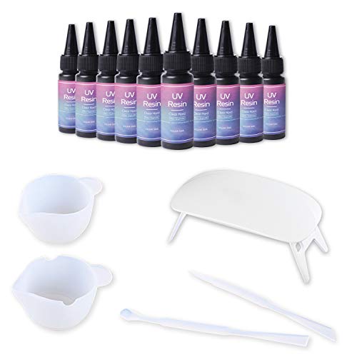 [Mejorada] Resina UV 10x30ML + Lámpara para principiante, Pegamento resina ultravioleta transparente + accesorios, kit hacer manualidades joyas joyería llaveros, set de regalo, curado con luz solar