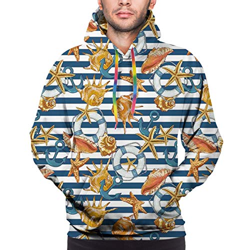 Men's Hoodies Sweatershirt, Sealife Theme with Sea Animals Shells Stars and Striped Backdrop Art M