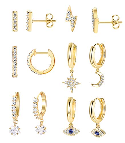 Milacolato 6 pares set pendientes Luna Estrella Dangle Aros Pendientes para mujer Mini Bar Stud Pendientes CZ Drop Cartilago Joyería linda Pequeño Huggie Aros Regalo Chapado en Oro