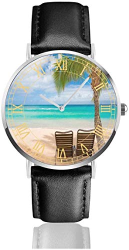 Mire Hawaiian Beach con Dos sillones Relojes de Pulsera únicos Cuarzo Acero Inoxidable y Cuero PU para Unisex