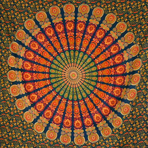 Momomus Tapiz de Mandala - Hecho a Mano con Algodón 100% y Tintes Vegetales Naturales - Adorno de Arte para Pared de Hogar, Pareo/Toalla de Playa Grande, Sofá - Elegante y Bohemio - Verde,210x230cm