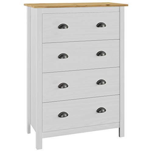 Mueble de almacenamiento con 4 cajones, cómoda blanca sinfonier de madera de pino maciza para salón, entrada, dormitorio de dormitorio, 79 x 40 x 110 cm, blanco y madera clara Mueble de almacenamiento con 4 cajones, cómoda blanca sinfonier de madera de pino maciza para salón, entrada, dormitorio de dormitorio, 79 x 40 x 110 cm, blanco y madera clara