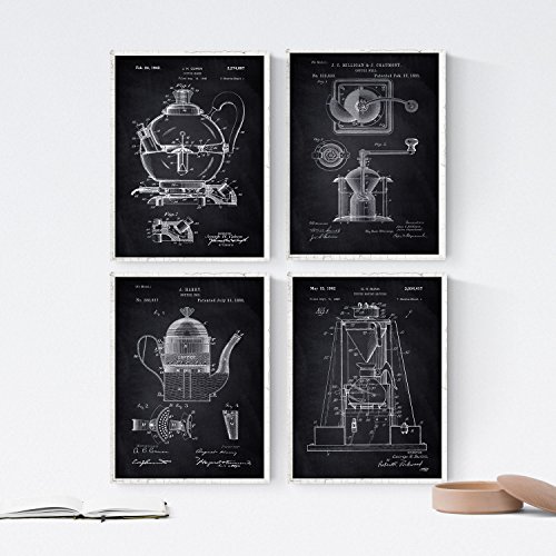 Nacnic Negro - Pack de 4 Láminas con Patentes de Cafeteras. Set de Posters con inventos y Patentes Antiguas. Elije el Color Que Más te guste. Impreso en Papel de 250 Gramos de Alta Calidad